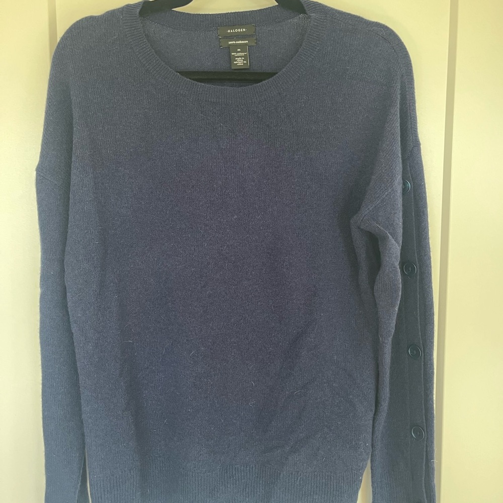 Halogen Deep Blue Crewneck Sweater with Sleeve Buttons